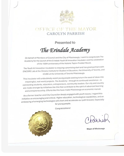 Congratulatory letter from Carolyn Parrish, with its original letterhead, seal and signature